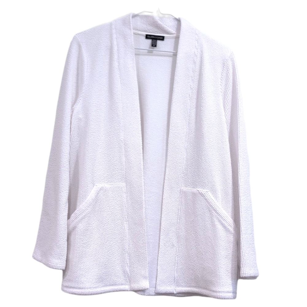 Eileen Fisher White Open Front Cardigan Organic Cotton Small Textured - Picture 1 of 4
